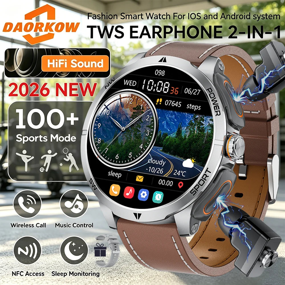 2026 2 In 1 TWS Headset Smart Watch 1.43" Earphones Music Smartwatch Women Men Sport Fitness Heart Rate Health Tracker Watches