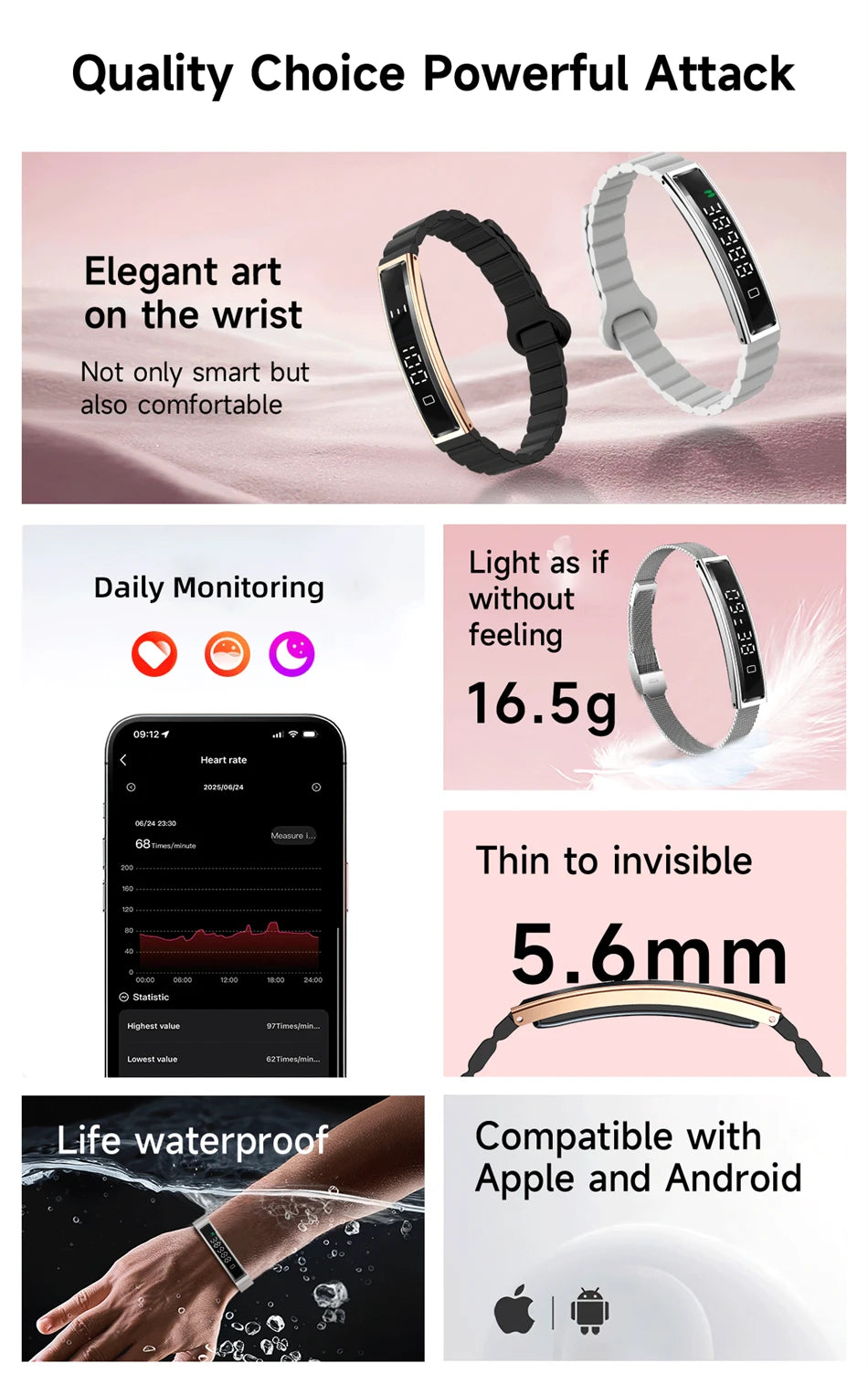Health Smart Band Fitness Tracker Smartwatch with Heart Rate Blood Oxygen Sleep Monitor Waterproof Pedometer Watch for Women Men