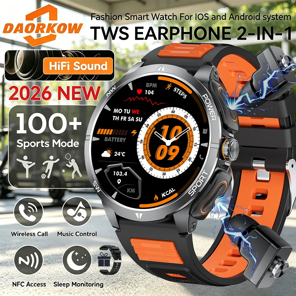 2026 2 In 1 TWS Headset Smart Watch 1.43" Earphones Music Smartwatch Women Men Sport Fitness Heart Rate Health Tracker Watches