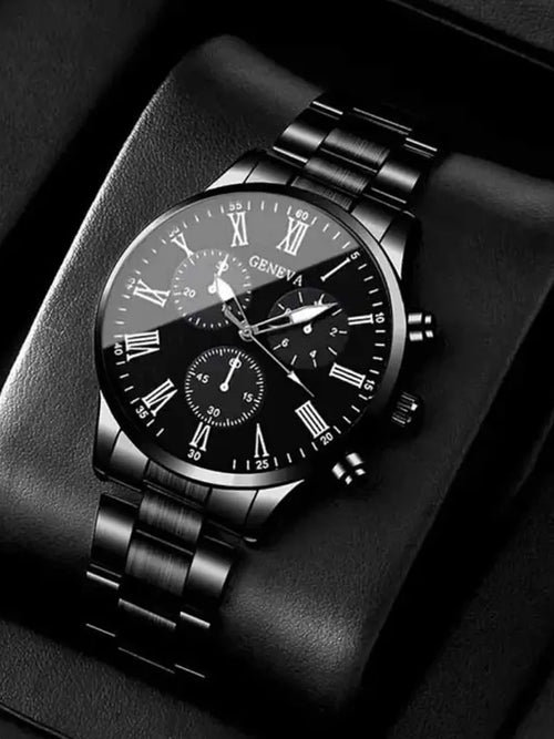 2pcs Fashionable Men's Steel Band Watch Geneva Casual Business Quartz Watch Stylish Timepiece