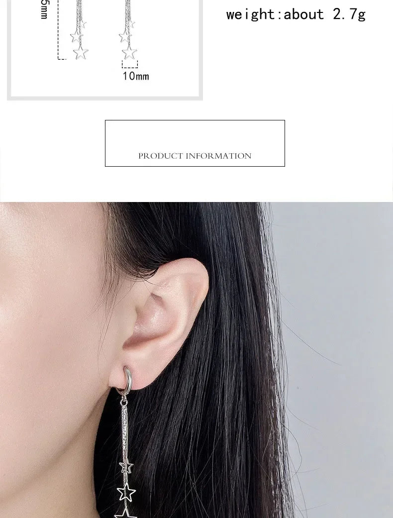 Elegant Popular Three Stars Hoop Earrings For Women 925 Sterling Silver Party Jewelry Beautiful Long Tassel EarringElegant