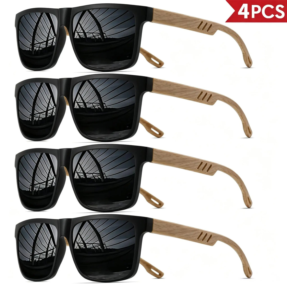 4-Piece Set of Wood-Grain Style Sunglasses – Classic Retro Square Frames, Unisex Comfortable Fit Design, Suitable for Daily Life and Activities, Casual Style, Ordinary Decorative Glasses