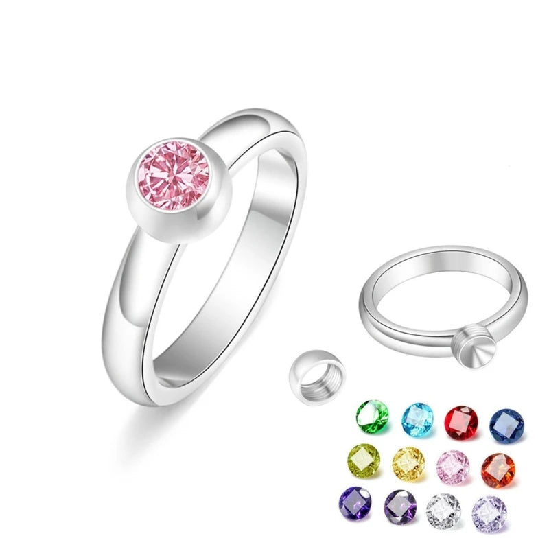 Simple Birthstone Rings with 12 Color Zircon Replaceable Fashion Stackable Promise Ring Jewelry Gift for Women Girl