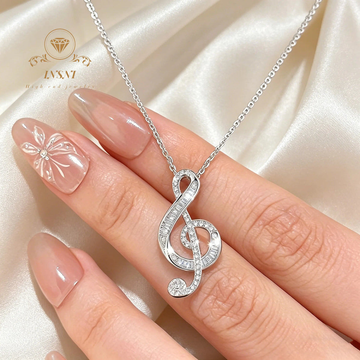 S925 silver Minimalist Treble Clef Necklace, Sparkling Cubic Zirconia Music Note Pendant Affordable Light Luxury Gift  jewelry