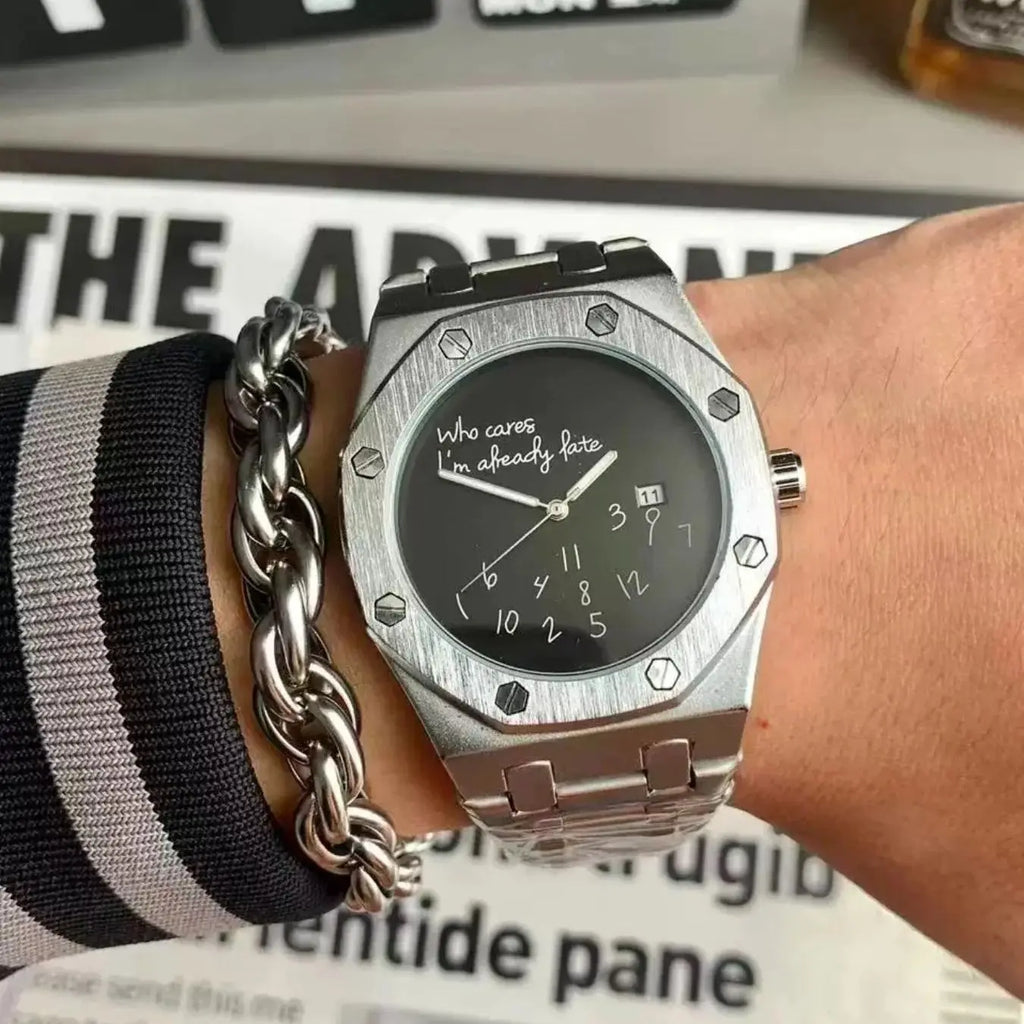 European and American Style Luxury Personalized Men's Steel Band Watch, with Calendar Display, Graffiti Digital Pattern, Casual Retro Fashion, High-End Men's Watch, Suitable for Various Occasions, Recommended Fashion Gift