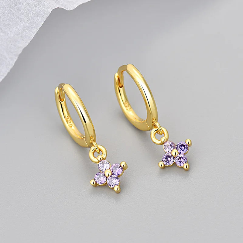 Women's Fashion Elegant Hoop Earrings With Cute Flower Pendant Shiny Crystal Zirconia Copper Exquisite Ear Piercing Jewelry Gift