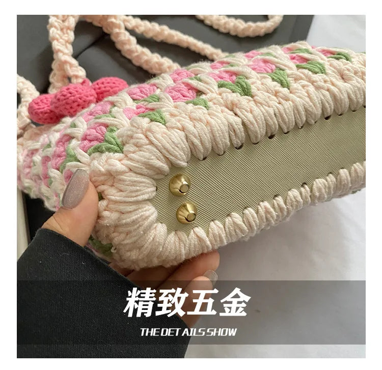 Crochet Crossbody Bag for Women Girl Handmade Color Block Handbag Lightweight Casual Summer Daily Purse