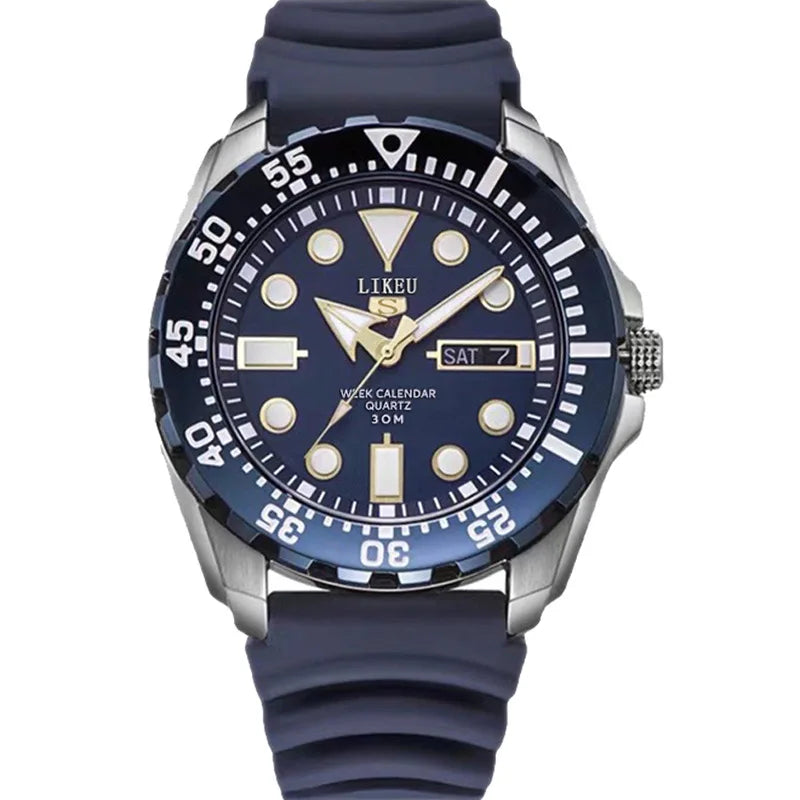 Stylish No.5 Men's Luxury Stainless Steel Luminous Diver Watch, Waterproof Dual Calendar Quartz & Steel Band, Top Gift.