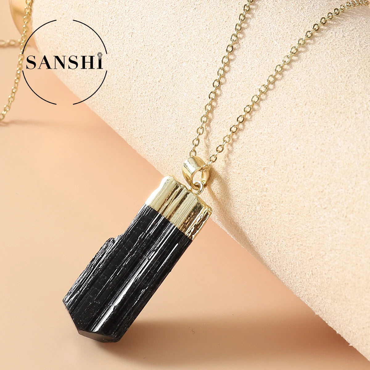 Minimalist Stylish Irregular Natural BlackTourmaline Electroplated Pendant Necklace Men Women Suitable Couples Various Occasions
