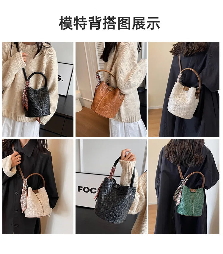 Women's Woven Bucket Bags Crossbody Purse, Elegant Tote for Travel & Formal Events, Durable Wipe-Clean Luxury Handbag
