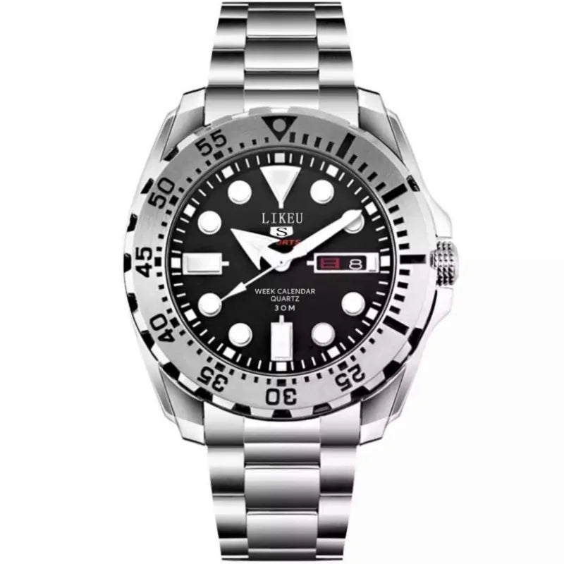 Stylish No.5 Men's Luxury Stainless Steel Luminous Diver Watch, Waterproof Dual Calendar Quartz & Steel Band, Top Gift.