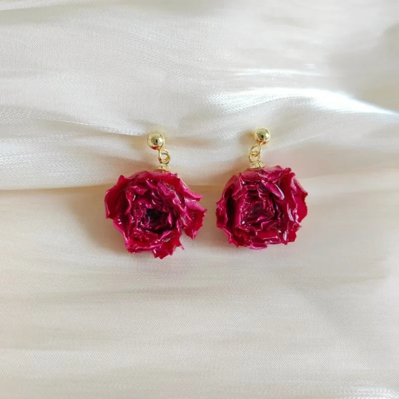 Multicolor Immortal Rose Flower Earrings Elegant Rose Hoop Earrings Epoxy Resin Natural Rose Dangle Earrings Custom Packaging