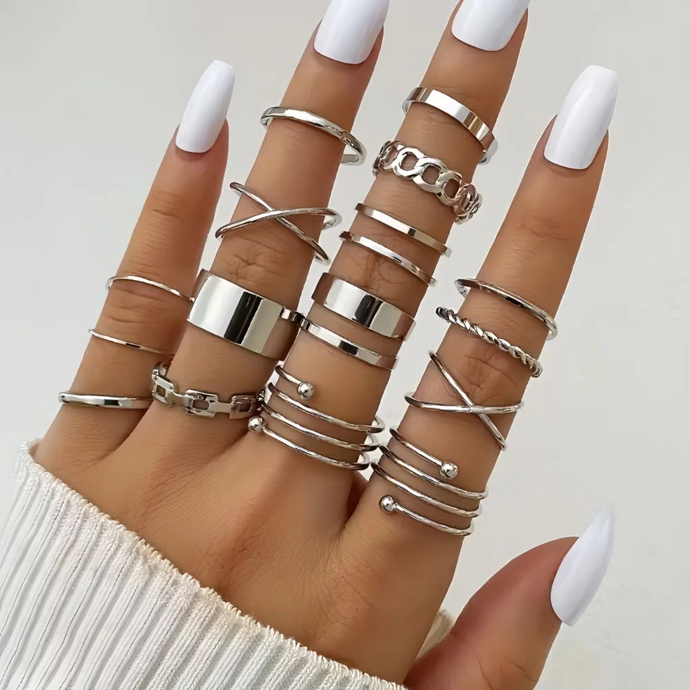 22Pcs/Lot Random Stackable Ring Set Women Elegant Durable Fashion High-End Geometric Spiral Hollow Out As A Gift For Her Jewelry