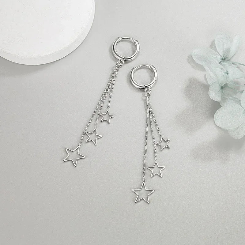 Elegant Popular Three Stars Hoop Earrings For Women 925 Sterling Silver Party Jewelry Beautiful Long Tassel EarringElegant