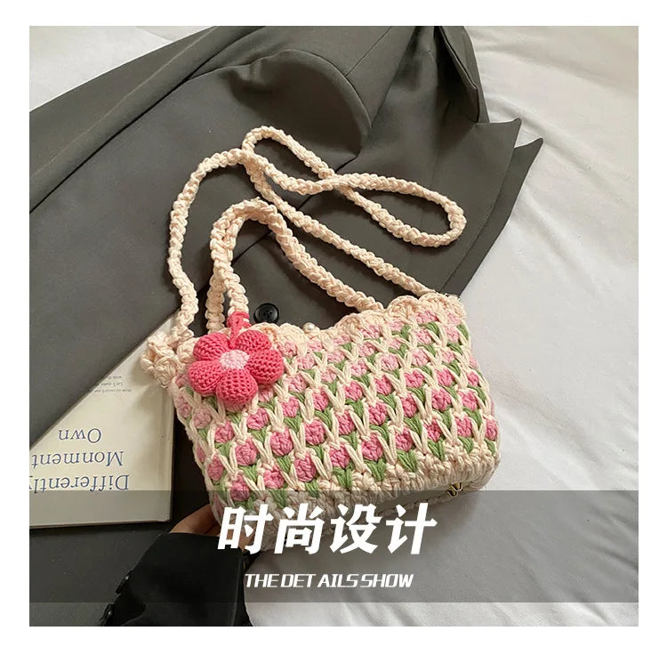 Crochet Crossbody Bag for Women Girl Handmade Color Block Handbag Lightweight Casual Summer Daily Purse