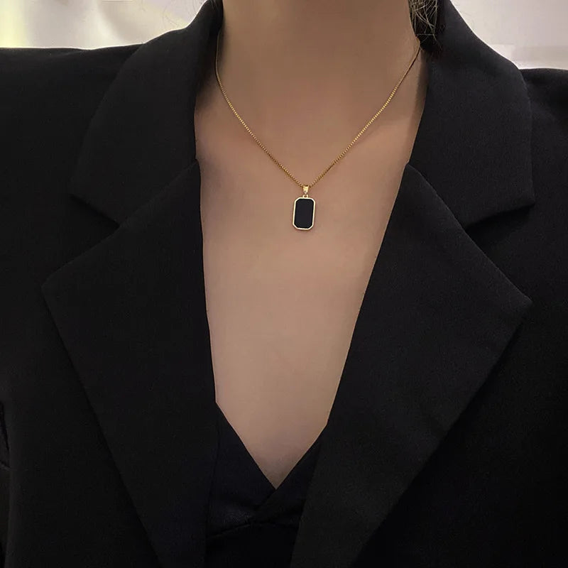 Minimalist 18K Gold Plated Necklace Black Enamel Necklace Stainless Steel Pendant Necklace for Women