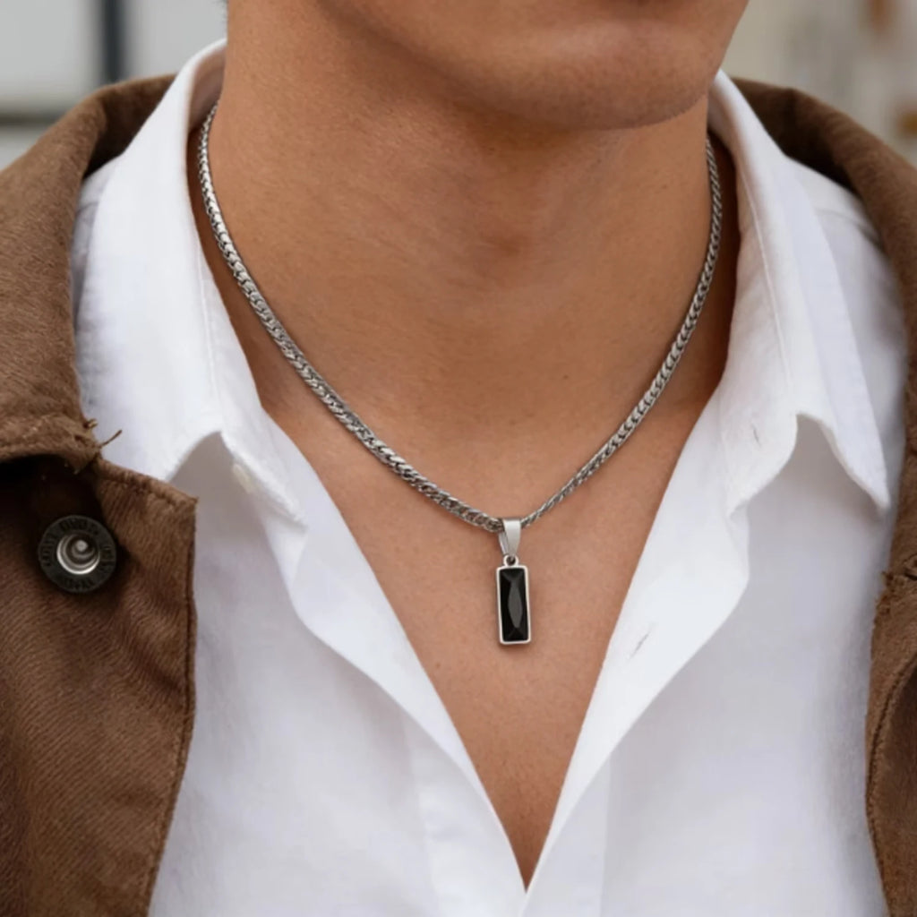 Men's Minimalist Necklace with Black Cubic Zirconia Pendant, 316L Stainless Steel, Daily Casual Street Style Rock Accessory