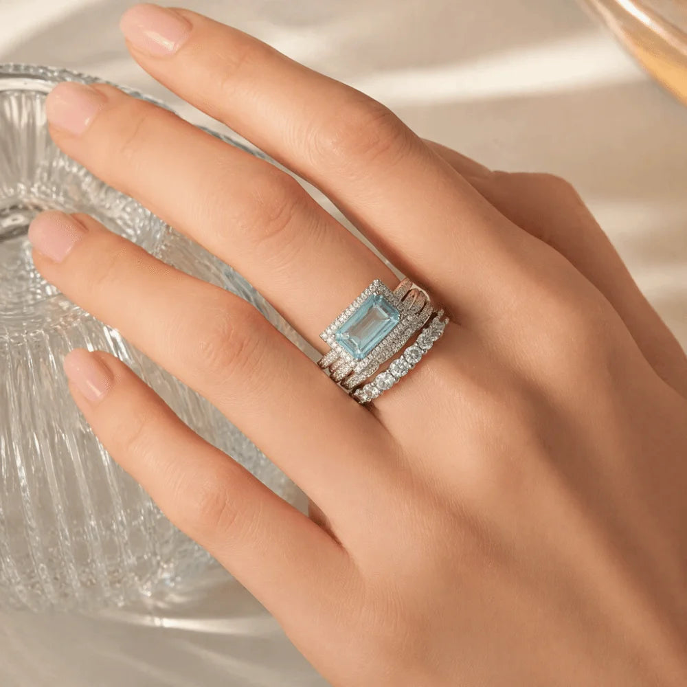 Large Rectangular Stone Stackable Ring Set European Style Fine Inlay Craft Stacking Rings Trendy Style Shine Brightly