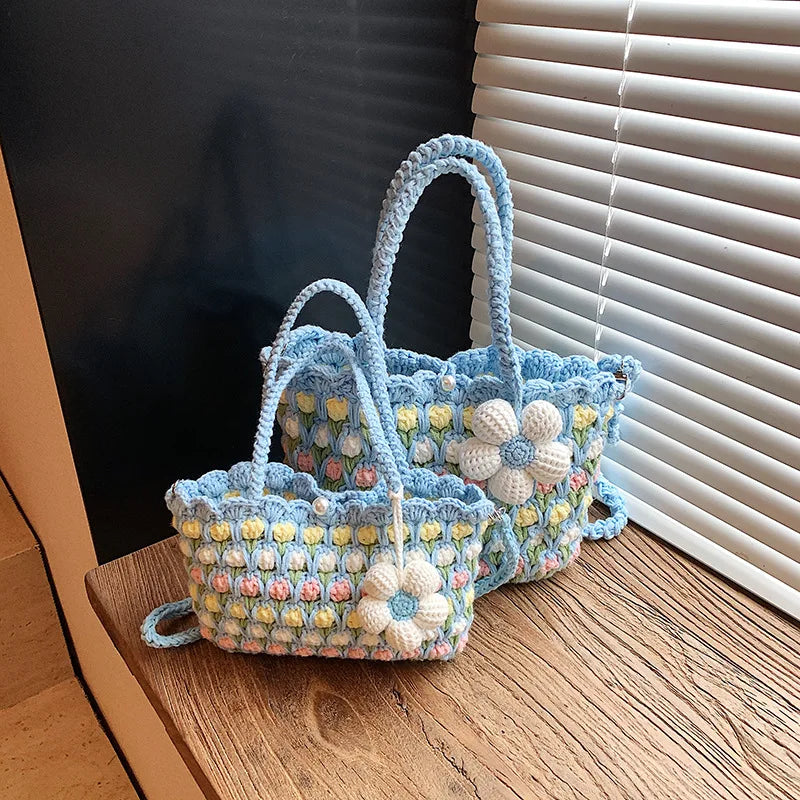 Crochet Crossbody Bag for Women Girl Handmade Color Block Handbag Lightweight Casual Summer Daily Purse