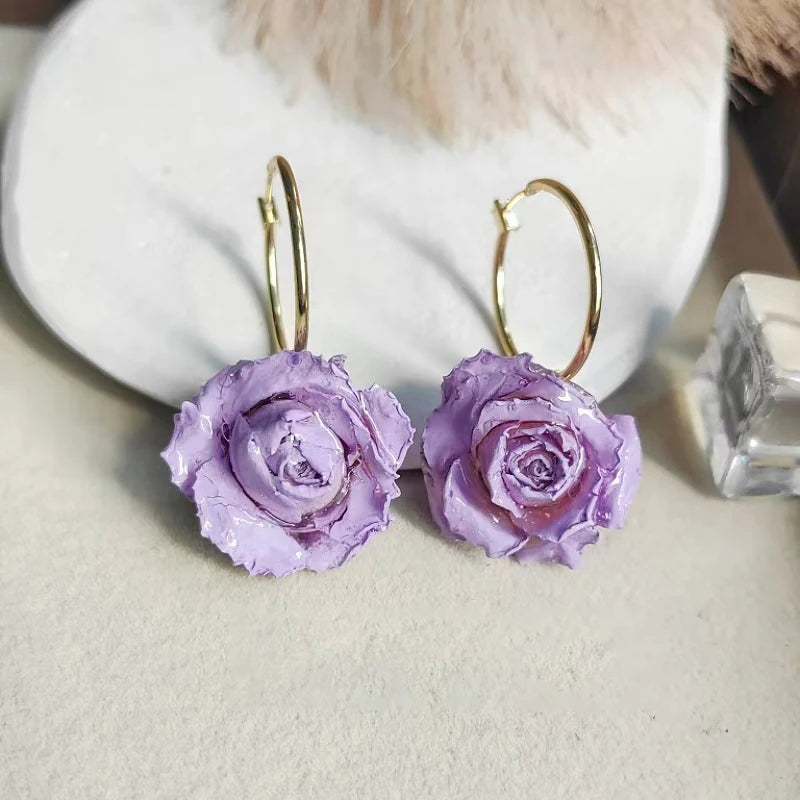 Multicolor Immortal Rose Flower Earrings Elegant Rose Hoop Earrings Epoxy Resin Natural Rose Dangle Earrings Custom Packaging