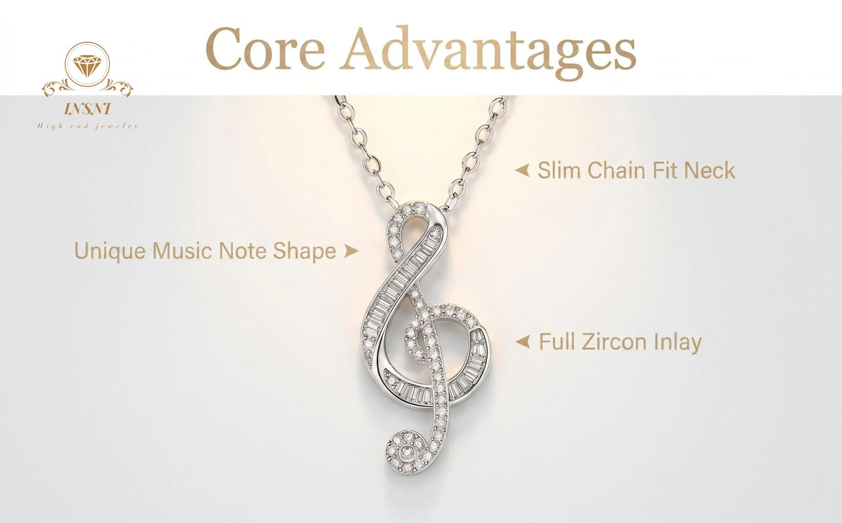 S925 silver Minimalist Treble Clef Necklace, Sparkling Cubic Zirconia Music Note Pendant Affordable Light Luxury Gift  jewelry