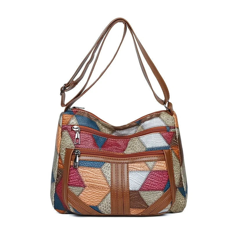 Chic Crossbody Bags for Women Stylish Stitching, Geometric Pattern, Multi Compartment Design with Zipper Closure, Travel Purse