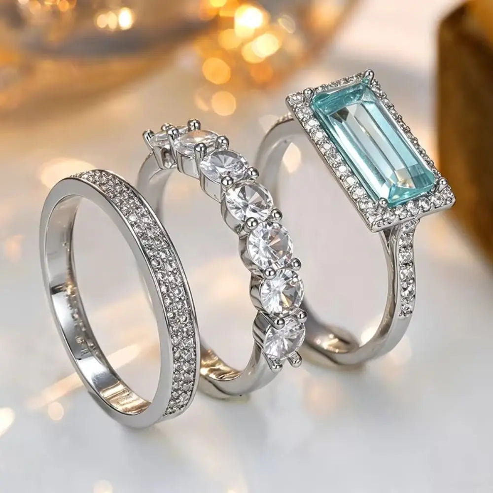 Large Rectangular Stone Stackable Ring Set European Style Fine Inlay Craft Stacking Rings Trendy Style Shine Brightly