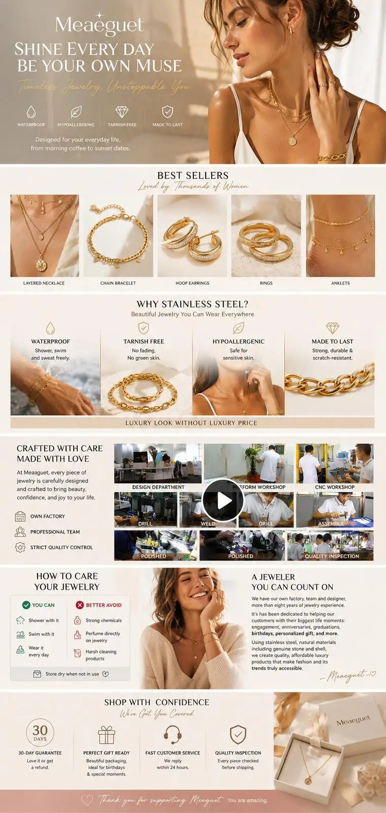 Stackable Wave Ring Thin Band, Golden Color Stainless Steel Waterproof Daily Wear Anti Tarnish Party Jewelry for Women