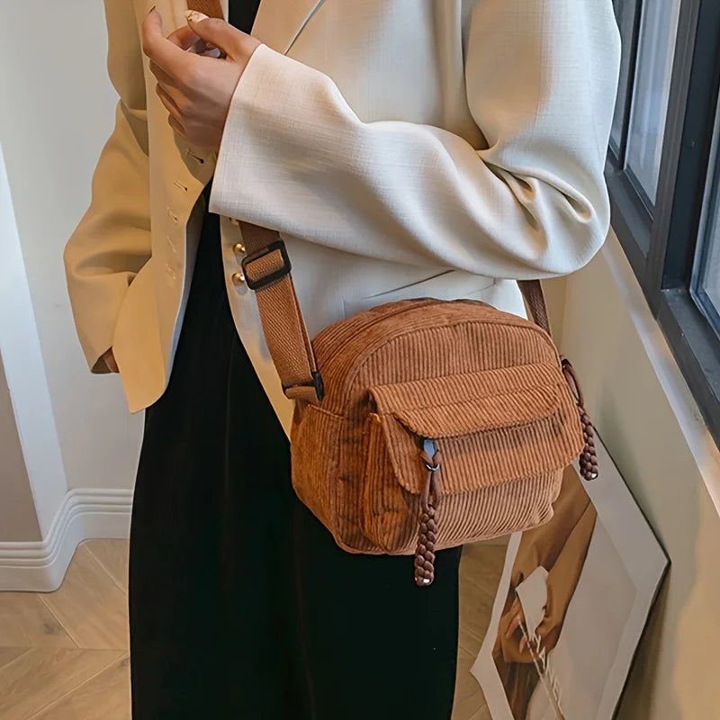 1 Corduroy Crossbody Bag with Zipper, Striped Pattern,Polyester Lining, Men's and Women's Casual Style Multi Pocket Shoulder Bag