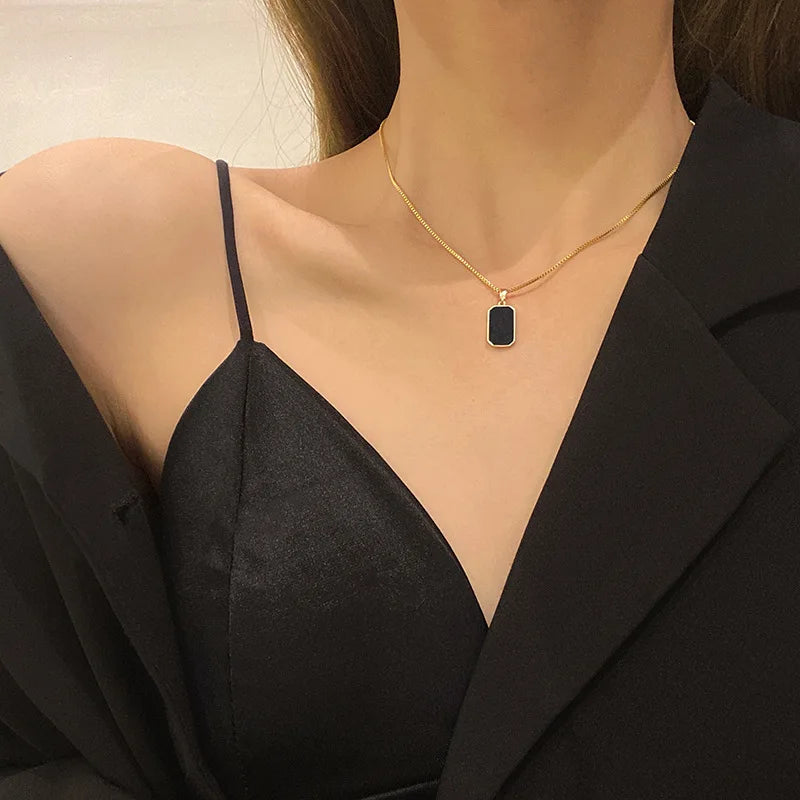 Minimalist 18K Gold Plated Necklace Black Enamel Necklace Stainless Steel Pendant Necklace for Women
