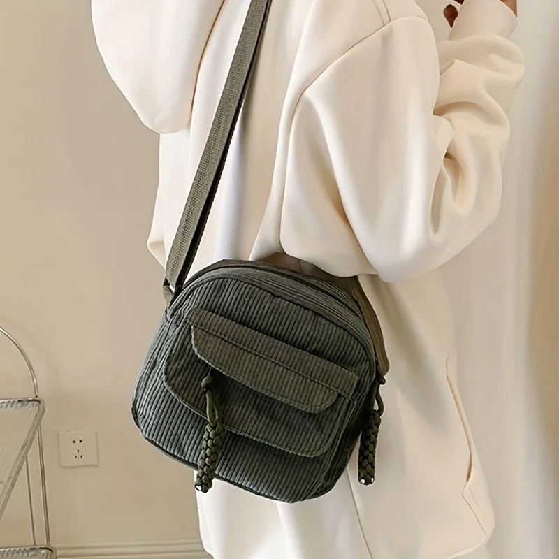 1 Corduroy Crossbody Bag with Zipper, Striped Pattern,Polyester Lining, Men's and Women's Casual Style Multi Pocket Shoulder Bag