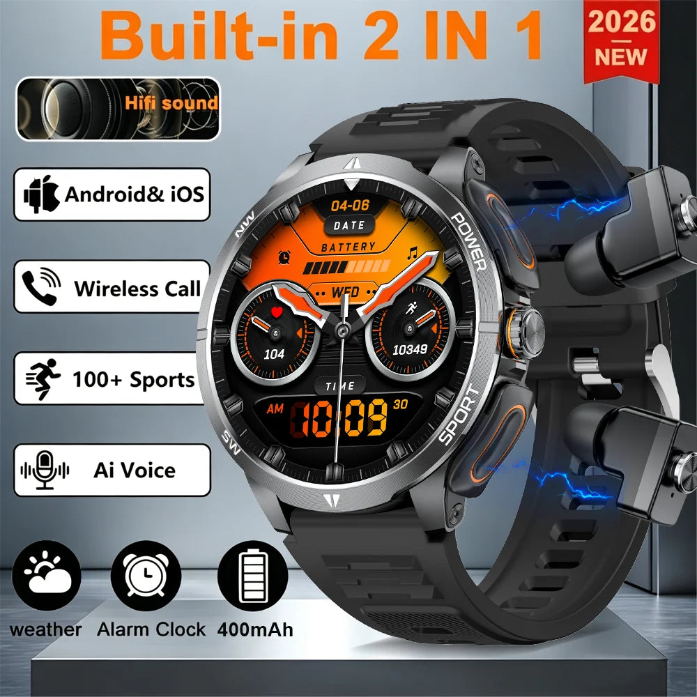 2026 2 In 1 TWS Headset Smart Watch 1.43" Earphones Music Smartwatch Women Men Sport Fitness Heart Rate Health Tracker Watches