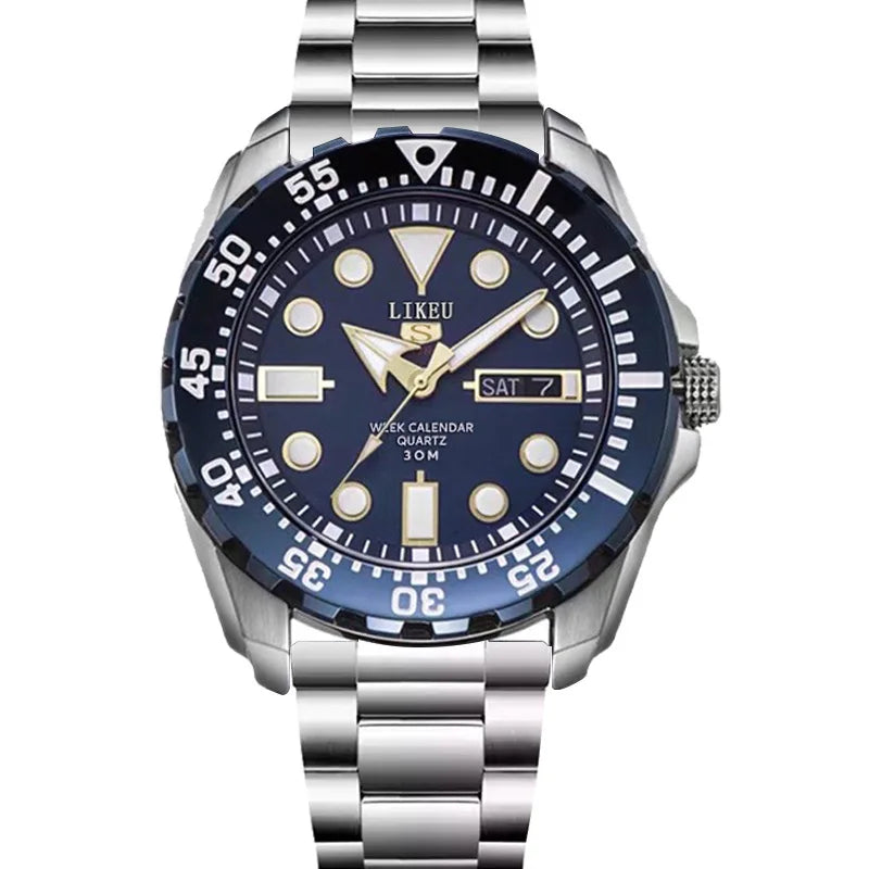 Stylish No.5 Men's Luxury Stainless Steel Luminous Diver Watch, Waterproof Dual Calendar Quartz & Steel Band, Top Gift.