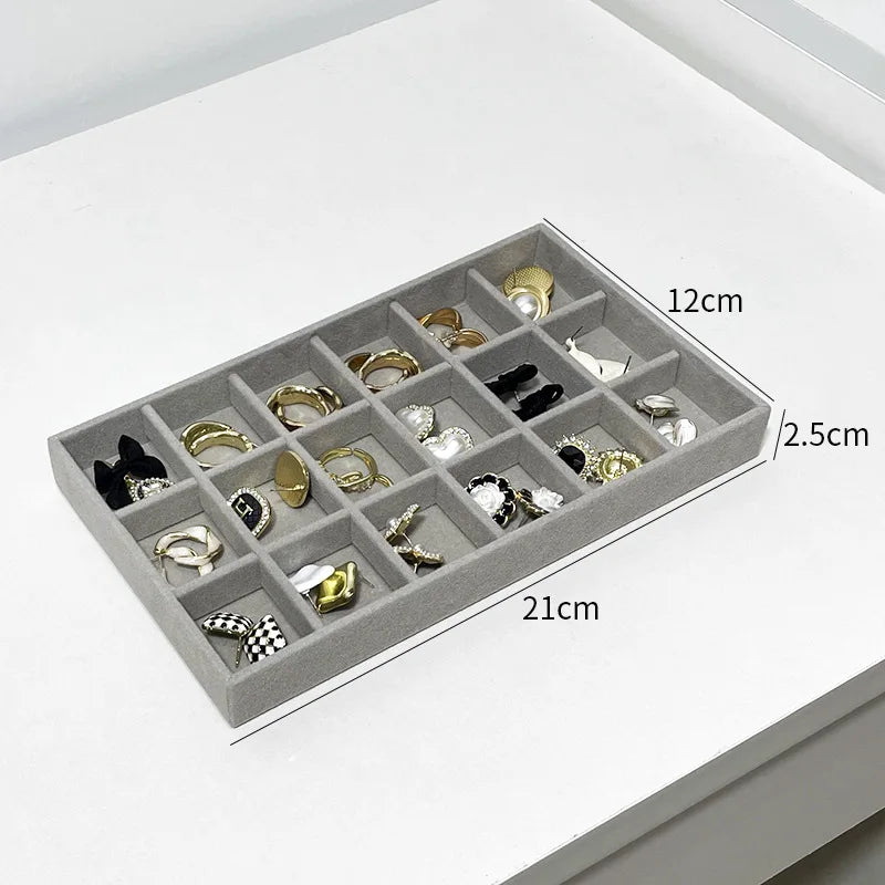 Stackable Velvet Jewelry Tray - Grey, Rectangular Storage Drawer for Rings, Necklaces, and Earrings, Jewelry Storage