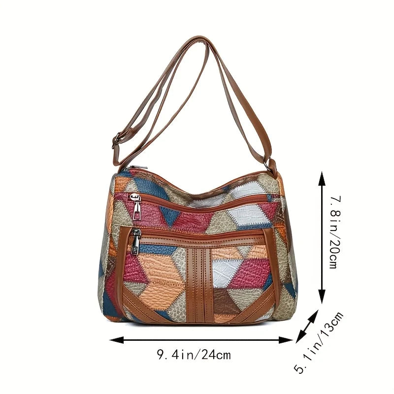Chic Crossbody Bags for Women Stylish Stitching, Geometric Pattern, Multi Compartment Design with Zipper Closure, Travel Purse