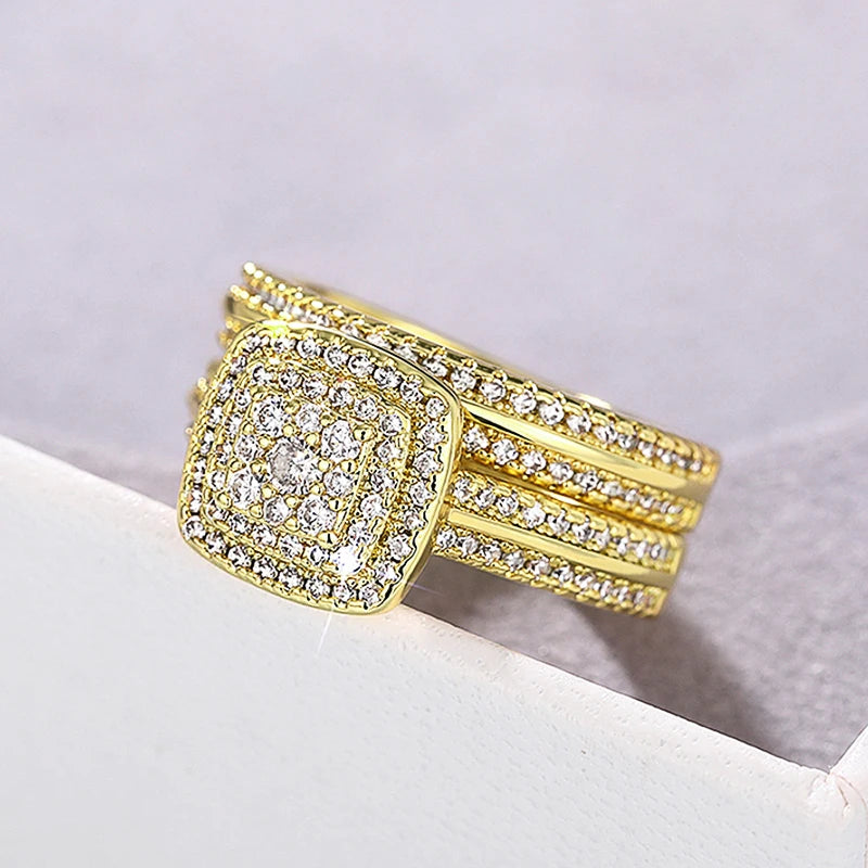 Huitan Double Stackable Set Rings Women for Wedding Luxury Gold Color AA Cubic Zirconia 2Pcs Rings Engagement Party Jewelry