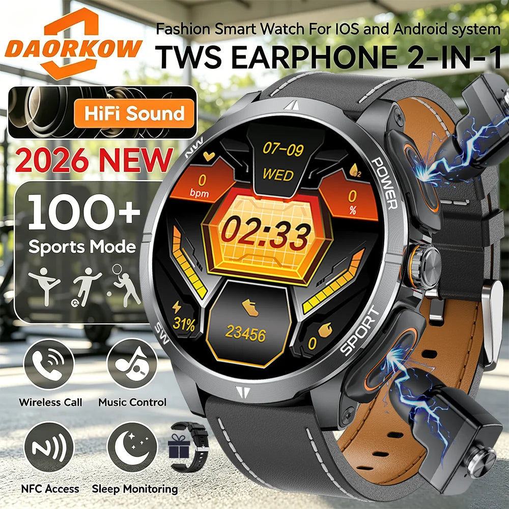 2026 2 In 1 TWS Headset Smart Watch 1.43" Earphones Music Smartwatch Women Men Sport Fitness Heart Rate Health Tracker Watches