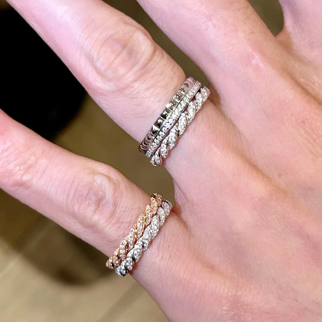 S925 Sterling Silver Twisted Stackable Ring, Women’s Full Zirconia Index Ring with a Small Row of Stones