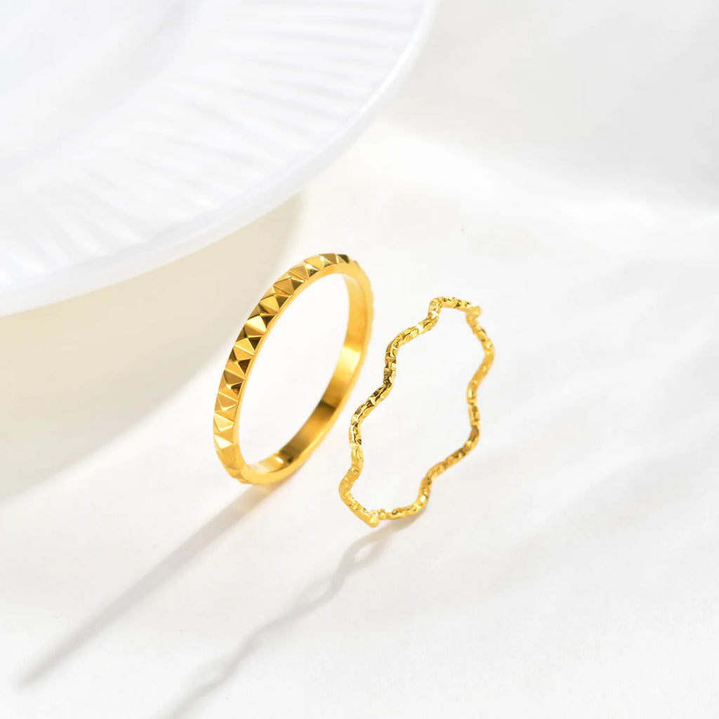 Stackable Wave Ring Thin Band, Golden Color Stainless Steel Waterproof Daily Wear Anti Tarnish Party Jewelry for Women