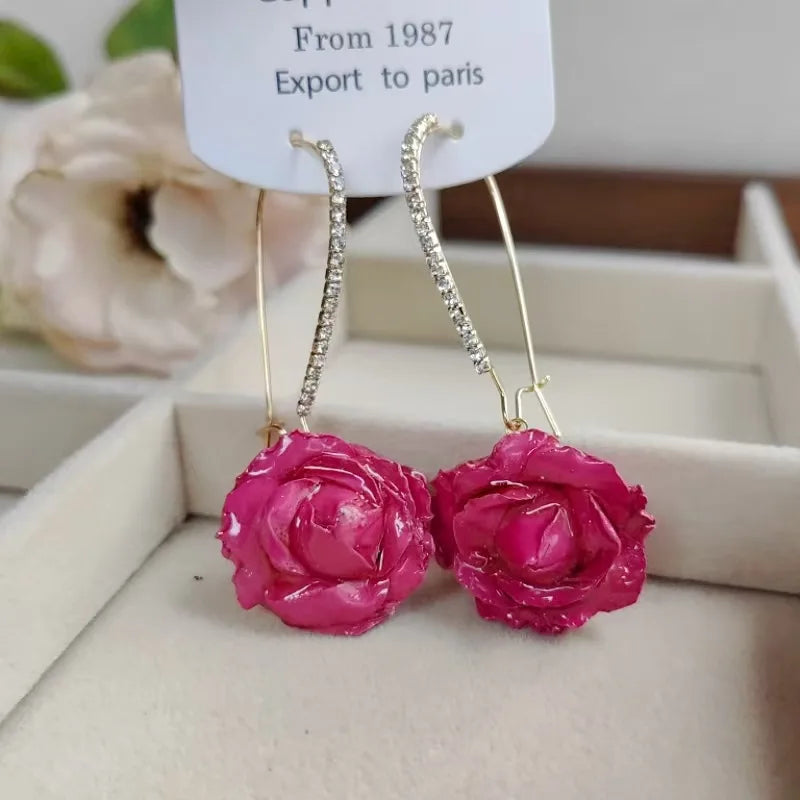 Multicolor Immortal Rose Flower Earrings Elegant Rose Hoop Earrings Epoxy Resin Natural Rose Dangle Earrings Custom Packaging