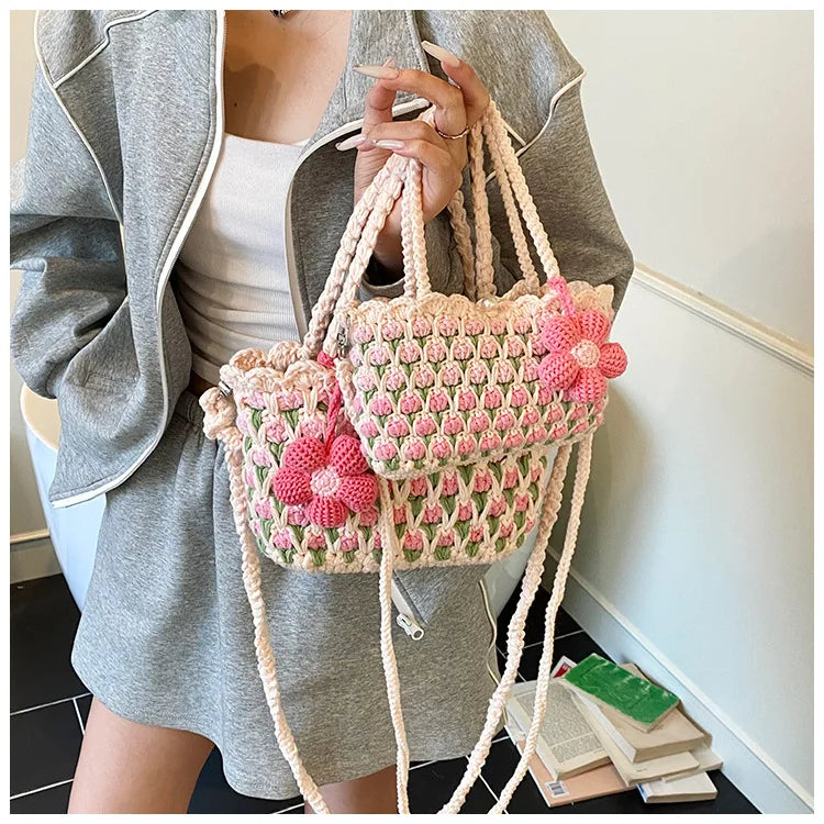 Crochet Crossbody Bag for Women Girl Handmade Color Block Handbag Lightweight Casual Summer Daily Purse