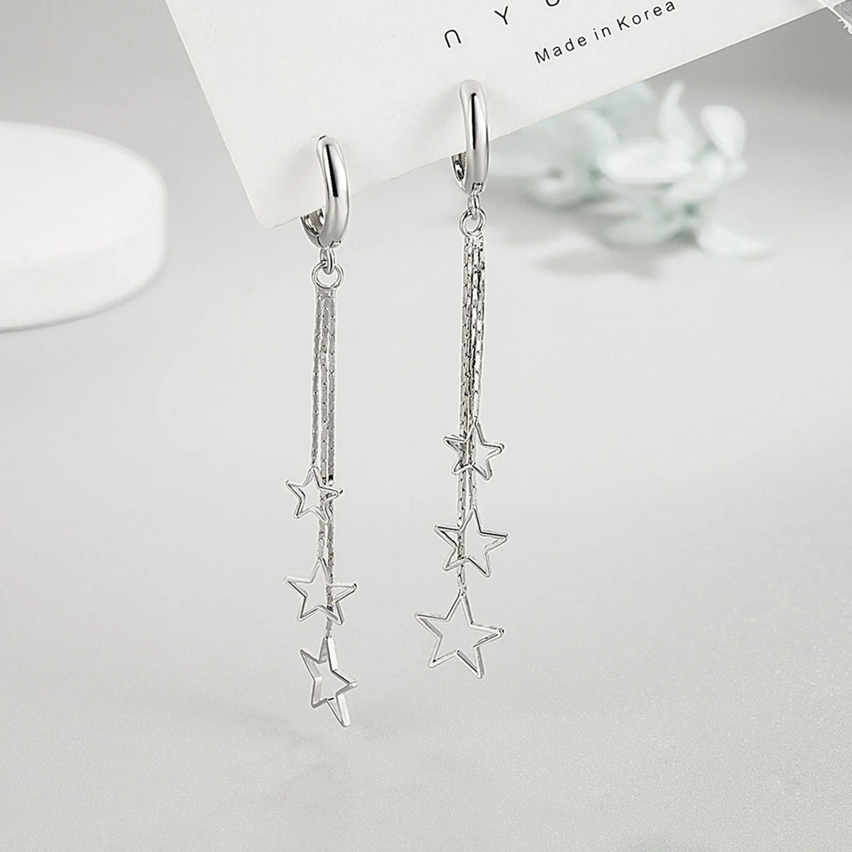 Elegant Popular Three Stars Hoop Earrings For Women 925 Sterling Silver Party Jewelry Beautiful Long Tassel EarringElegant