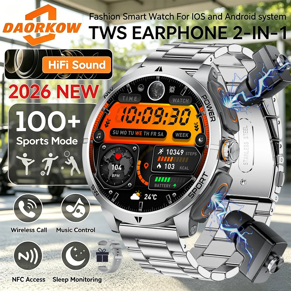 2026 2 In 1 TWS Headset Smart Watch 1.43" Earphones Music Smartwatch Women Men Sport Fitness Heart Rate Health Tracker Watches