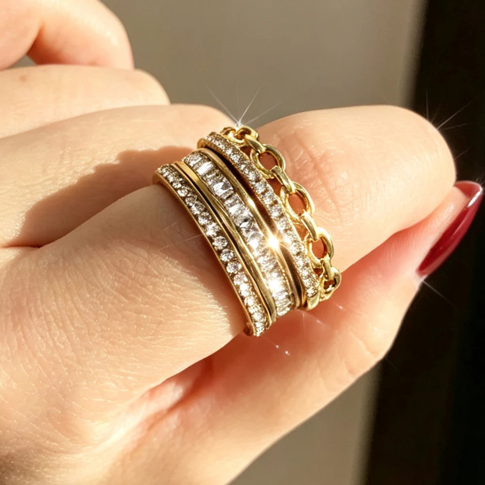 Yupsk New 3pcs/set Dazzling Zircon Stainless Steel Copper Stackable Rings for Women Exquisite Fashion Daily Accessories