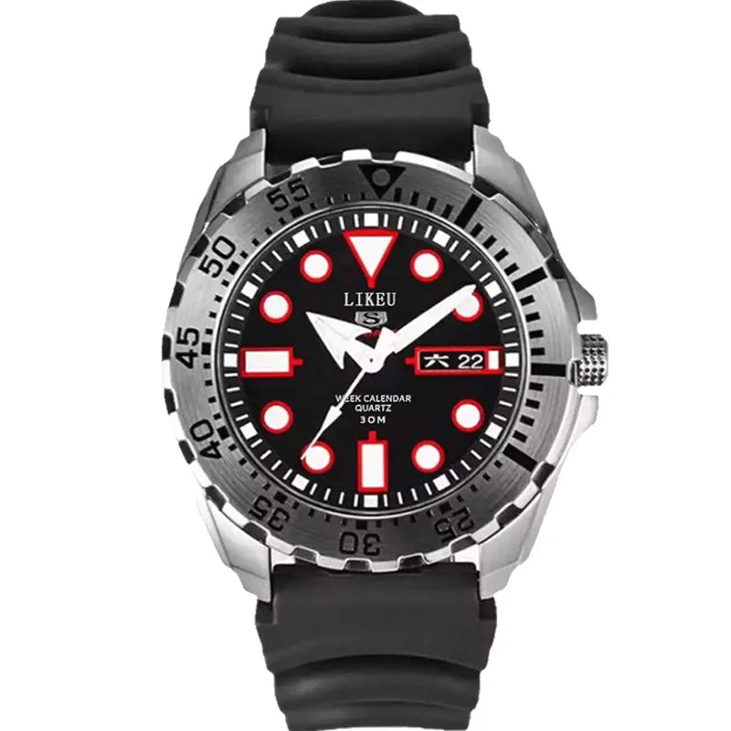 Stylish No.5 Men's Luxury Stainless Steel Luminous Diver Watch, Waterproof Dual Calendar Quartz & Steel Band, Top Gift.