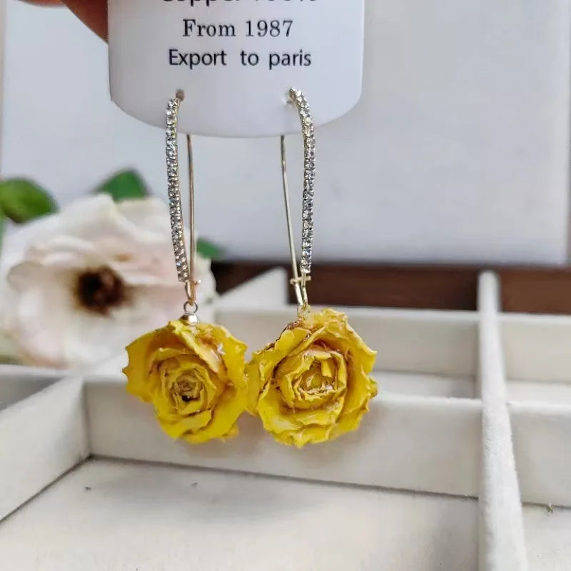 Multicolor Immortal Rose Flower Earrings Elegant Rose Hoop Earrings Epoxy Resin Natural Rose Dangle Earrings Custom Packaging