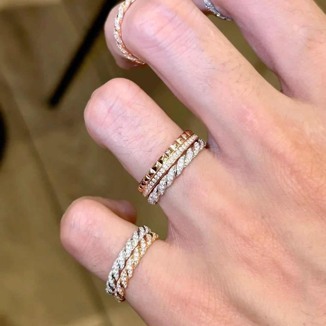 S925 Sterling Silver Twisted Stackable Ring, Women’s Full Zirconia Index Ring with a Small Row of Stones
