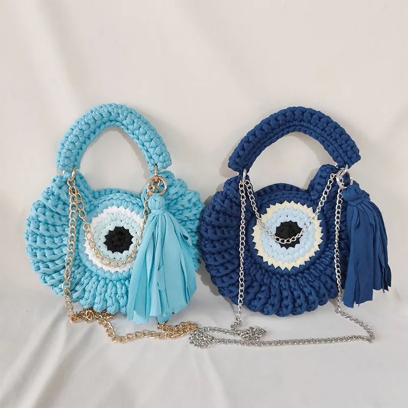 Knitted Crossbody Shoulder Bag,Handmade Weave Contrast Color Chain Compact Chic Women Sling Bag,Delicate Big Eyed Monster Purse