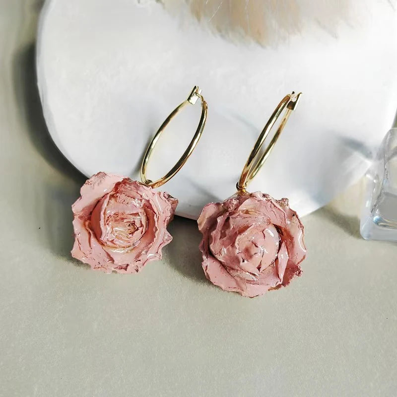 Multicolor Immortal Rose Flower Earrings Elegant Rose Hoop Earrings Epoxy Resin Natural Rose Dangle Earrings Custom Packaging