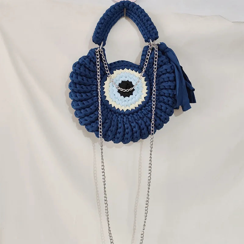 Knitted Crossbody Shoulder Bag,Handmade Weave Contrast Color Chain Compact Chic Women Sling Bag,Delicate Big Eyed Monster Purse